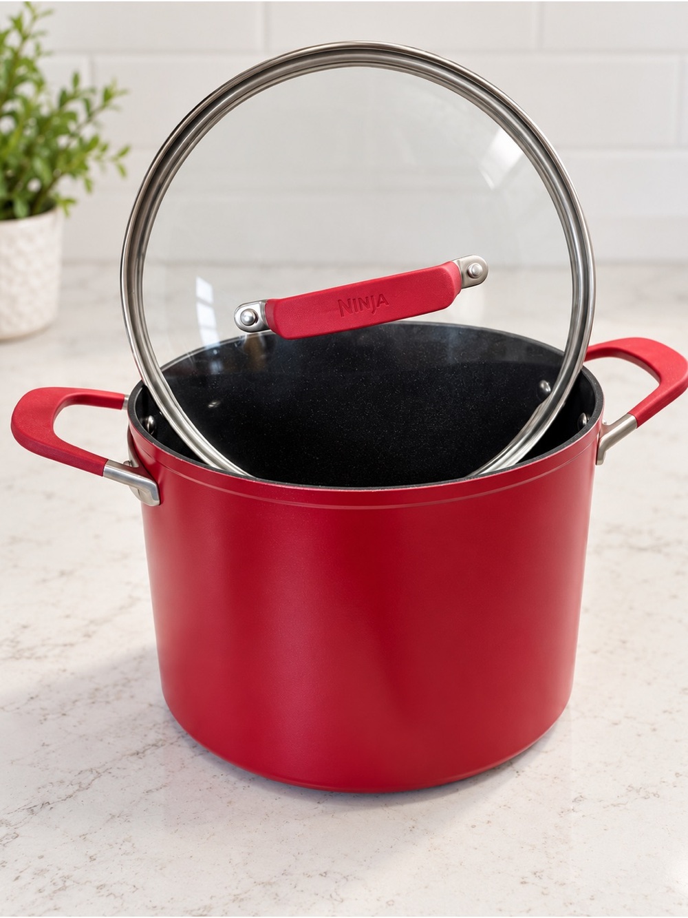 Ninja Red Covered Nonstick Stock Pot with Glass Lid